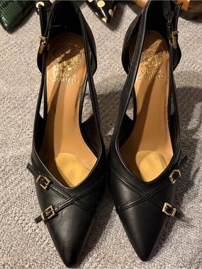 Vince Camuto Black Pointed-Toe Buckle Slingback Pumps